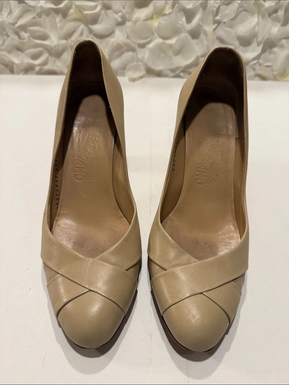 Salvatore Ferragamo Taupe Crisscross Leather Pumps